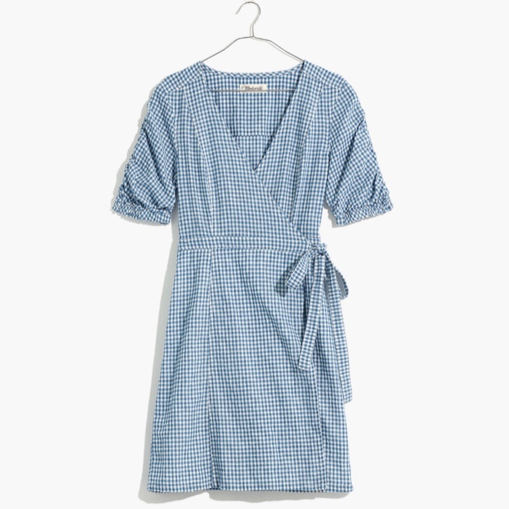 Madewell | Blue Gingham Plaid Wrap Mini Linen Cotton Dress | Size S